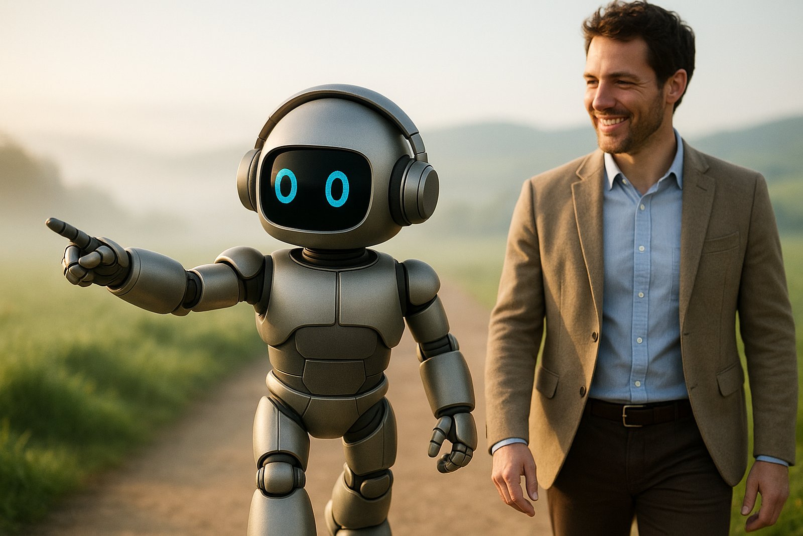 Ein freundlicher grauer Roboter geht neben einem Menschen über einen sonnigen Weg und zeigt nach vorn, wo sich der Morgennebel lichtet.