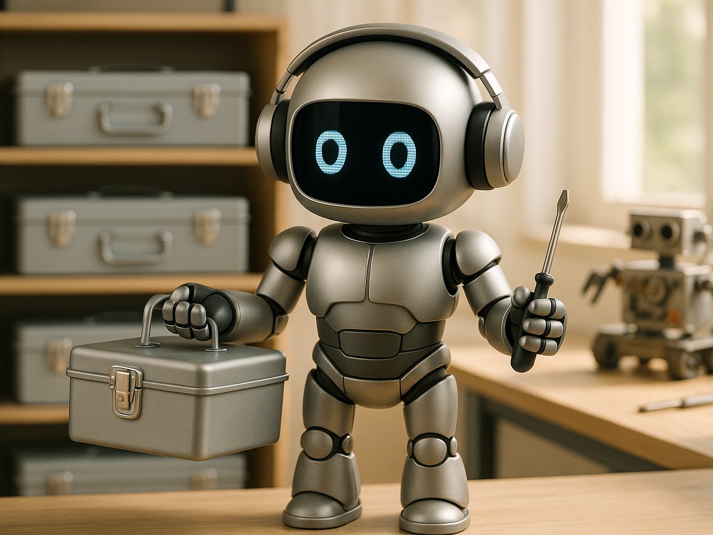 Der graue Roboter wägt in einer Werkstatt eine fertige Werkzeugkiste gegen einen Schraubendreher und eine selbstgebaute Maschine ab.