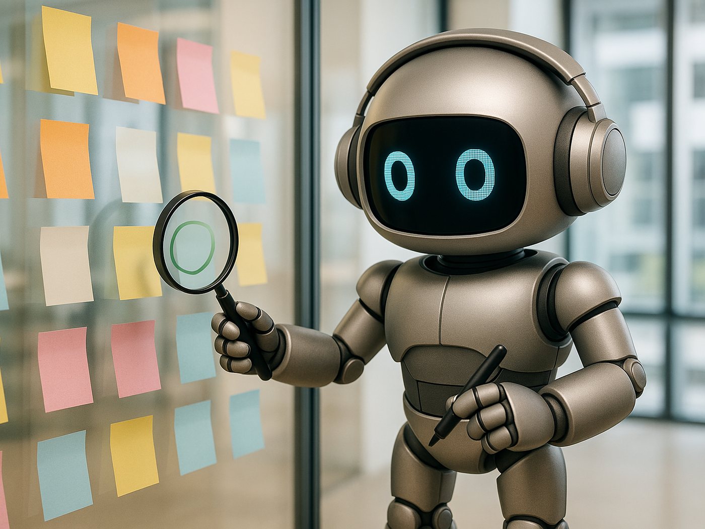 Der graue Roboter steht mit einer Lupe vor einer Wand voller bunter Notizzettel und markiert drei davon grün.