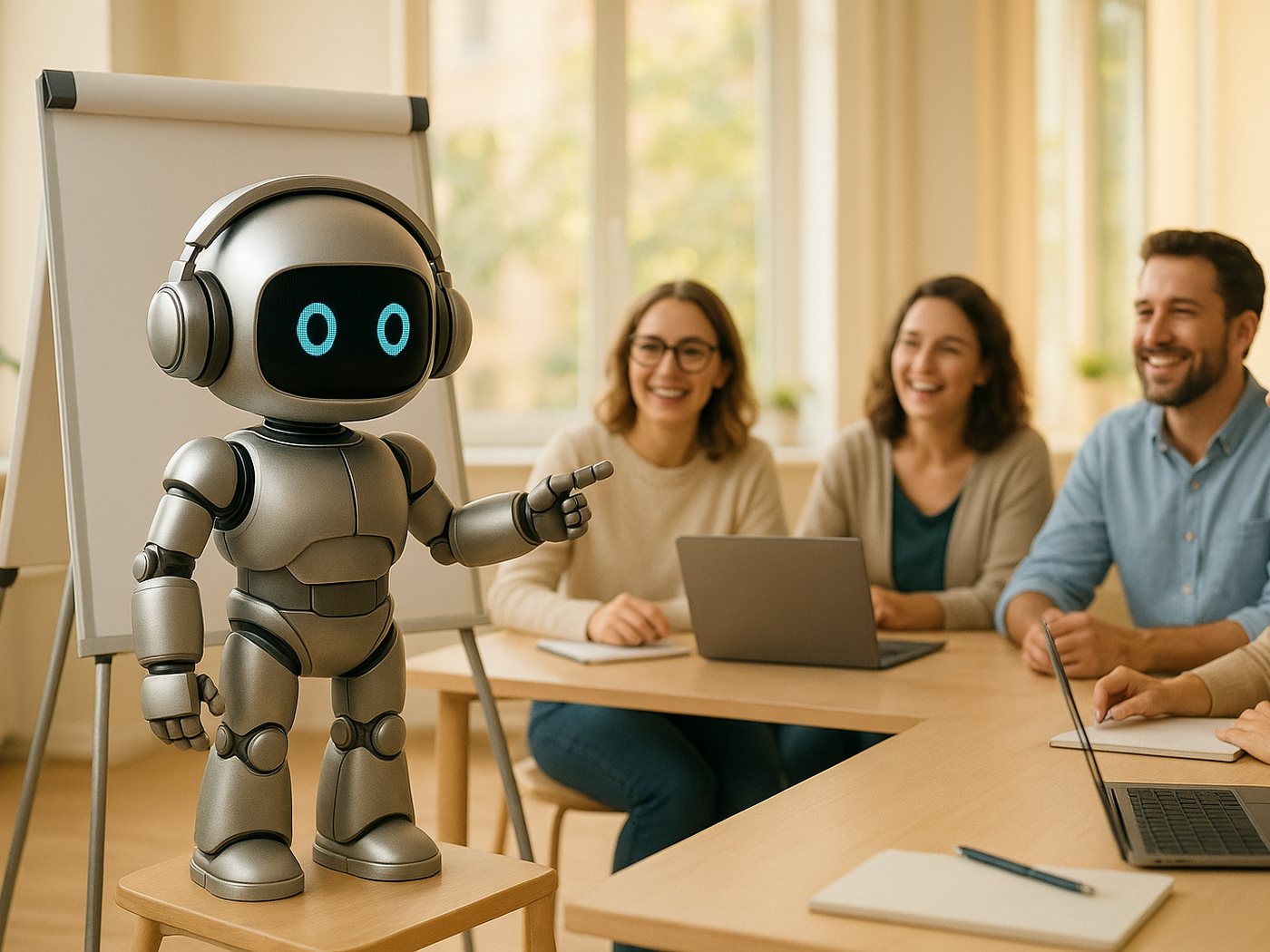 Der graue Roboter moderiert am Flipchart einen kleinen Workshop mit vier gut gelaunten Teilnehmenden.
