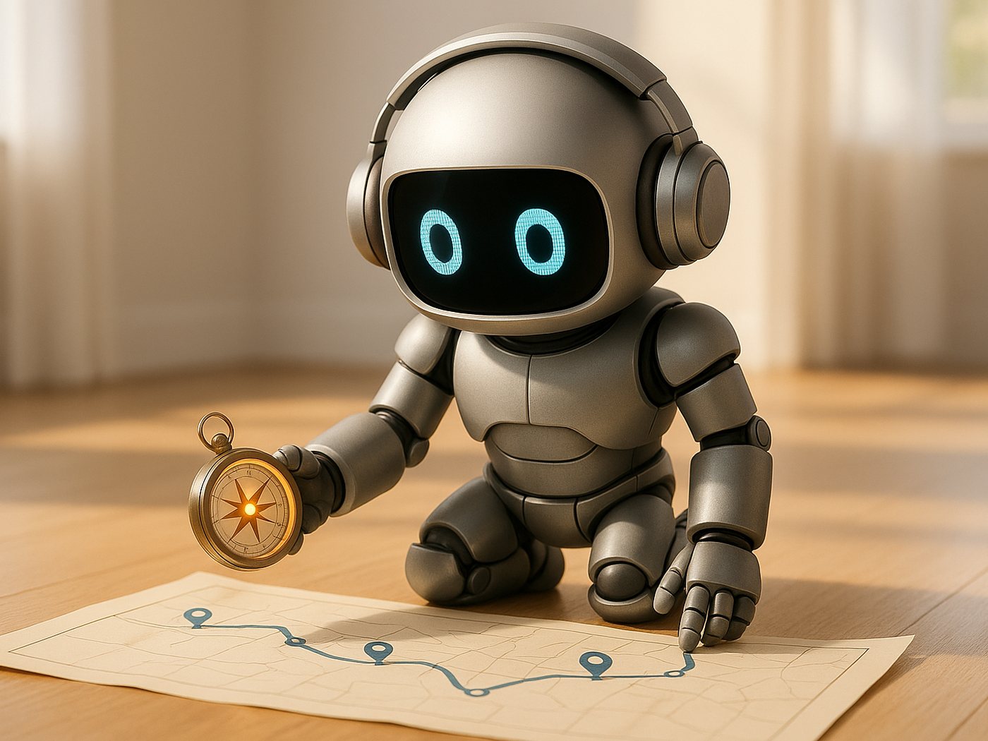 Der graue Roboter kniet über einer Landkarte und trägt mit einem Kompass in der Hand eine klare Route ein.
